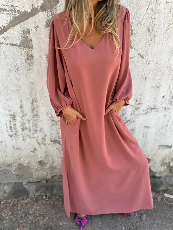 Levoire | Robe femme décontractée unie à col en V avec des manches ballon