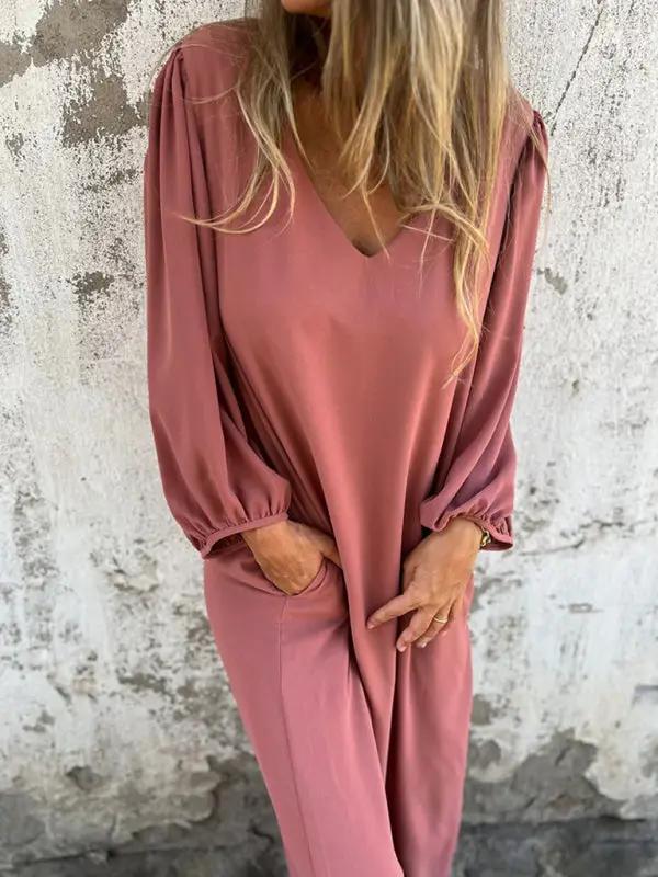 Levoire | Robe femme décontractée unie à col en V avec des manches ballon