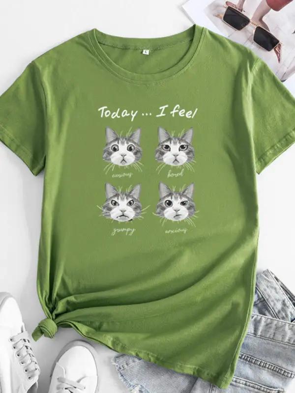 Levoire | Nouveau motif de chat Col rond T-shirt à manches courtes Vert olive