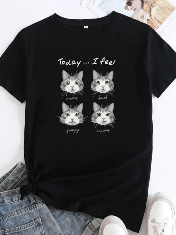 Levoire | Nouveau motif de chat Col rond T-shirt à manches courtes Noir