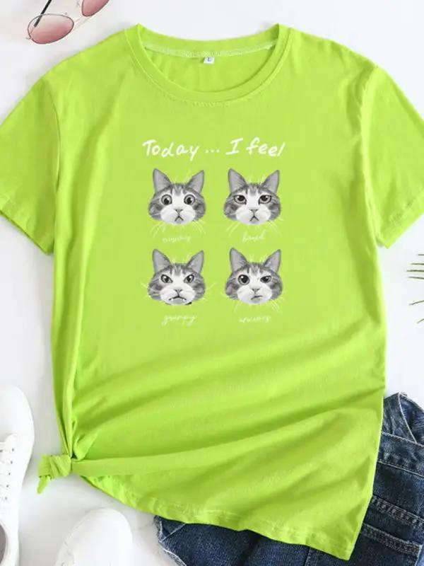 Levoire | Nouveau motif de chat Col rond T-shirt à manches courtes Chartreuse