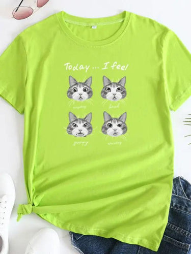 Levoire | Nouveau motif de chat Col rond T-shirt à manches courtes