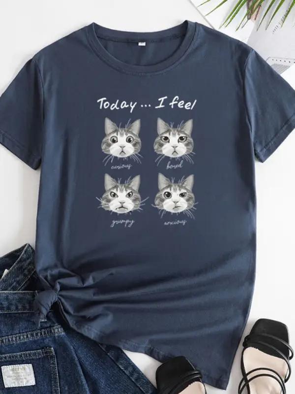 Levoire | Nouveau motif de chat Col rond T-shirt à manches courtes Pourpre bleu marine