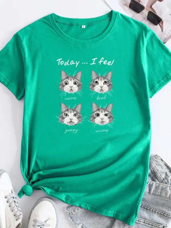 Levoire | Nouveau motif de chat Col rond T-shirt à manches courtes Vert profond