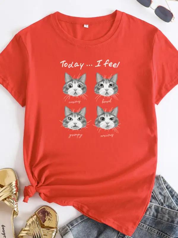 Levoire | Nouveau motif de chat Col rond T-shirt à manches courtes Orange