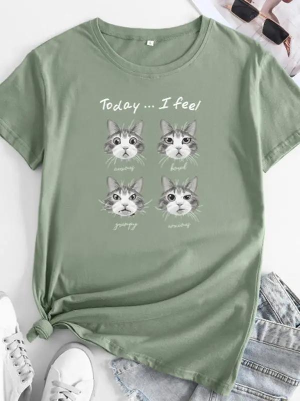 Levoire | Nouveau motif de chat Col rond T-shirt à manches courtes Vert de pois Gris