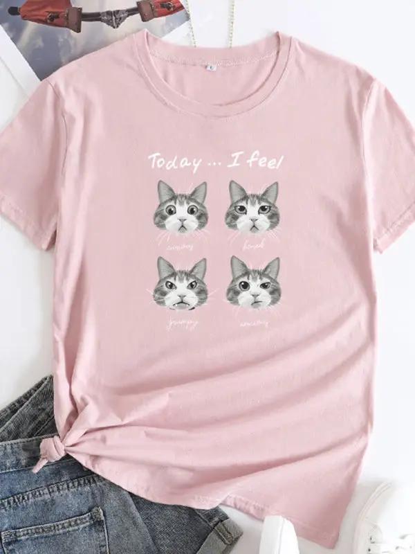 Levoire | Nouveau motif de chat Col rond T-shirt à manches courtes Rosa
