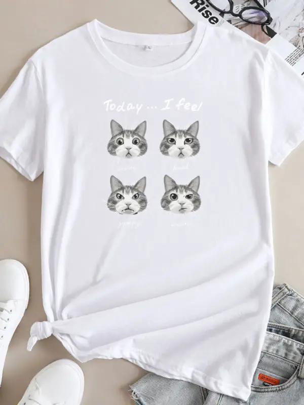 Levoire | Nouveau motif de chat Col rond T-shirt à manches courtes Blanc