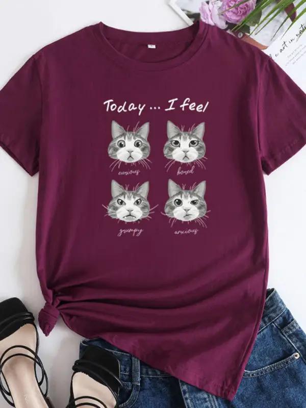 Levoire | Nouveau motif de chat Col rond T-shirt à manches courtes Vinkar