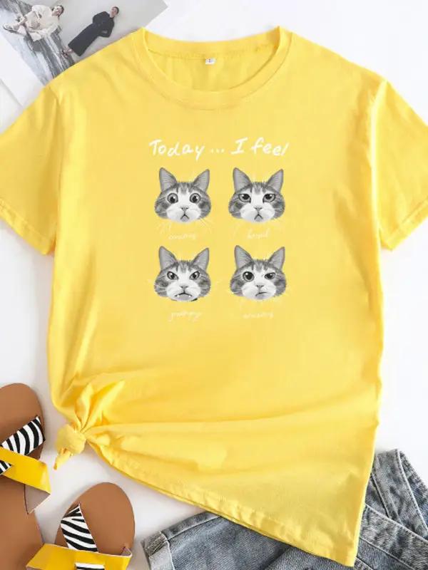 Levoire | Nouveau motif de chat Col rond T-shirt à manches courtes Jaune