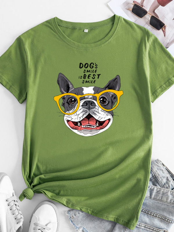 Levoire | Nouveau motif de chiot Col rond T-shirt à manches courtes U Vert olive