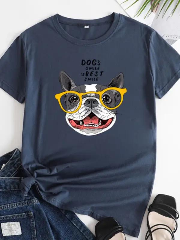 Levoire | Nouveau motif de chiot Col rond T-shirt à manches courtes U Pourpre bleu marine
