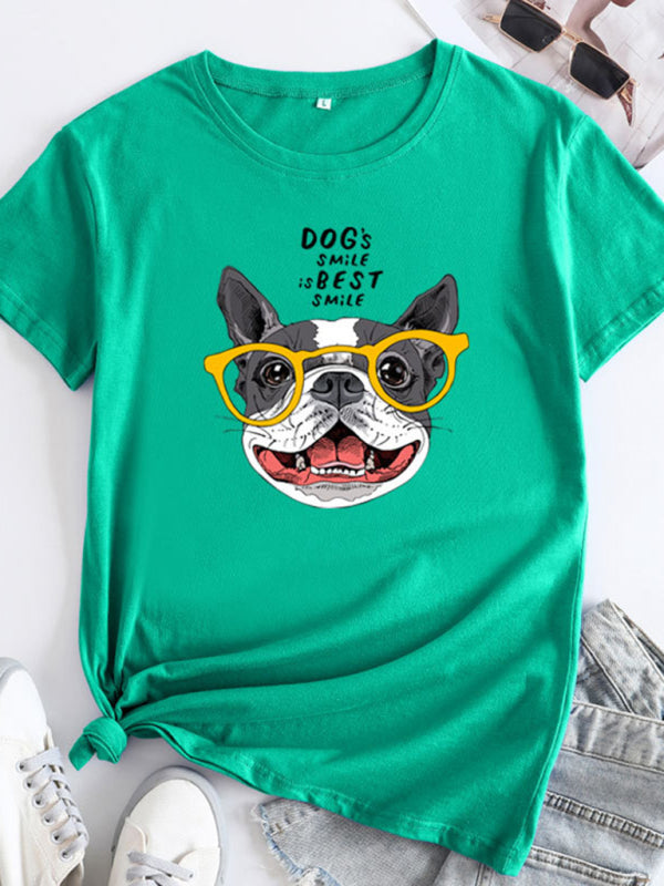 Levoire | Nouveau motif de chiot Col rond T-shirt à manches courtes U Vert profond