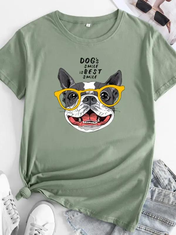 Levoire | Nouveau motif de chiot Col rond T-shirt à manches courtes U Vert de pois Gris