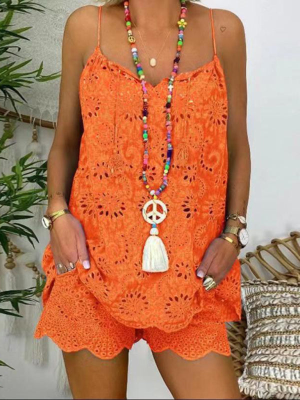 Levoire | Nouveau haut femme avec des manches détail de bande cami plissé short brodé ensemble Orange