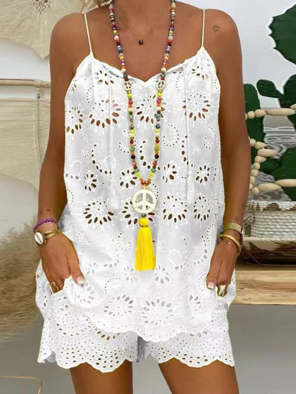 Levoire | Nouveau haut femme avec des manches détail de bande cami plissé short brodé ensemble Blanc