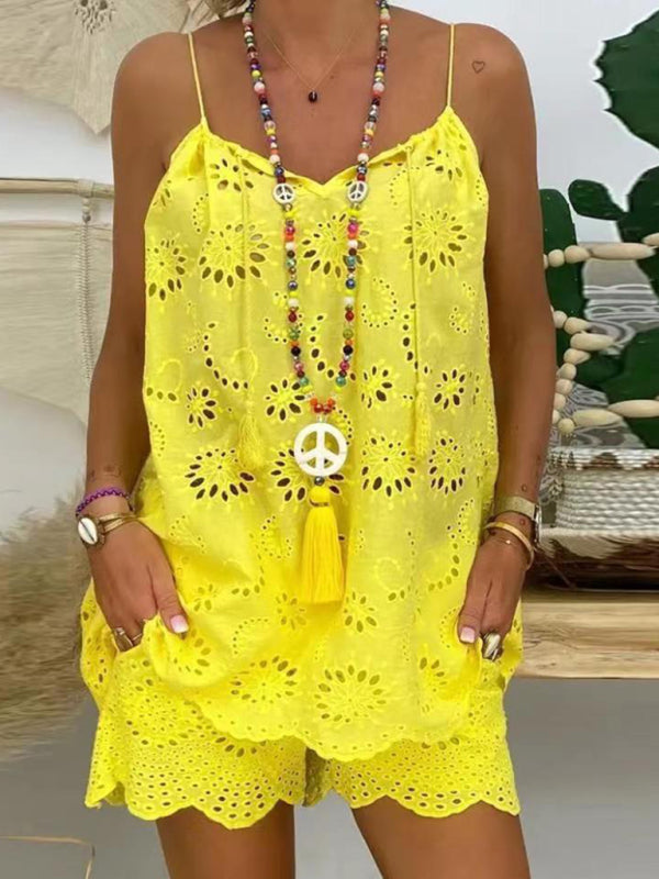 Levoire | Nouveau haut femme avec des manches détail de bande cami plissé short brodé ensemble Jaune