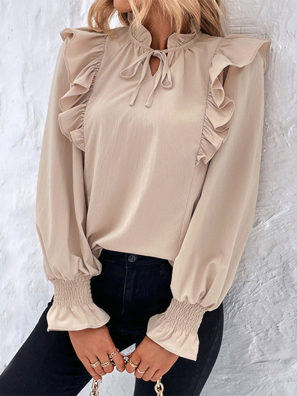 Levoire | Femme chemise froncée à manches longues et lien Cracker khaki