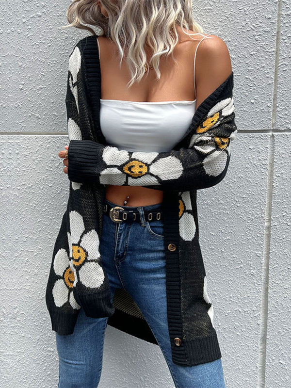 Levoire | Femme mi-longue fleurs à manches longues pull-over cardigan