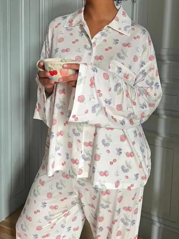 Levoire | Nouvelles pyjamas imprimées à manches longues, pantalons à fente inégale, combinaison ample, service à domicile Roue