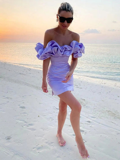 Levoire | Robe en satin à volants et décolleté bardot Violet