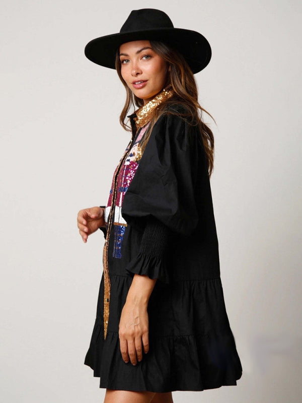 Levoire | Couleur contrastante Robe de soirée longue à manches réversibles Paillettes