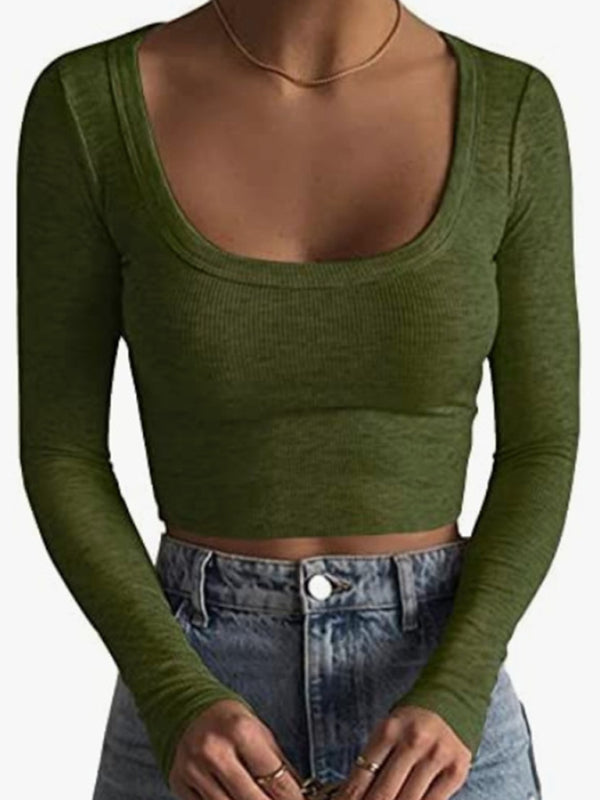 Levoire | Nouveau haut slim-fit à manches longues col rond pour femme ultra court qui arrive au-dessus du nombril Vert olive