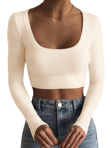 Levoire | Nouveau haut slim-fit à manches longues col rond pour femme ultra court qui arrive au-dessus du nombril