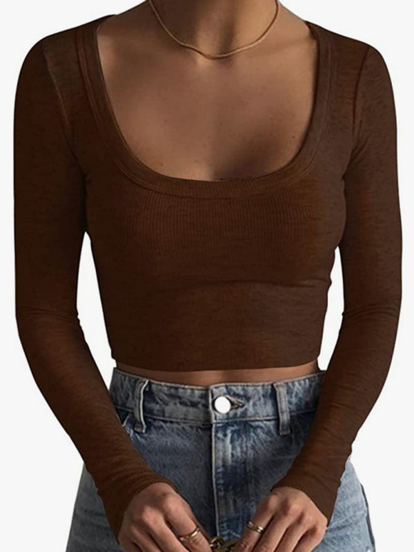 Levoire | Nouveau haut slim-fit à manches longues col rond pour femme ultra court qui arrive au-dessus du nombril Braun