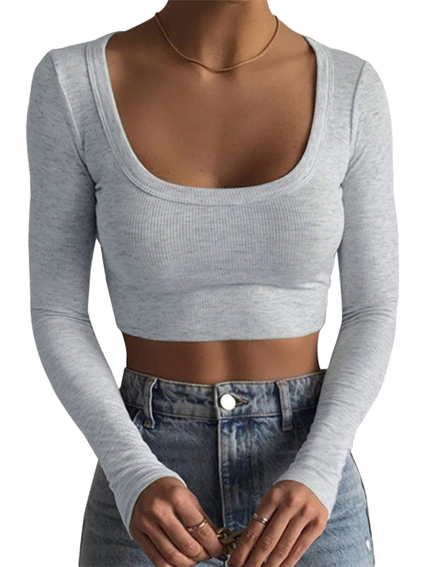 Levoire | Nouveau haut slim-fit à manches longues col rond pour femme ultra court qui arrive au-dessus du nombril Brumeux gris
