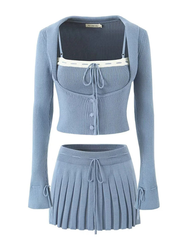 Levoire | Pour Femmes Nouvelle Veste Longue à Manches Inversée + Sangles Coordonnées par Couleur + Jupe Plissée Sininen