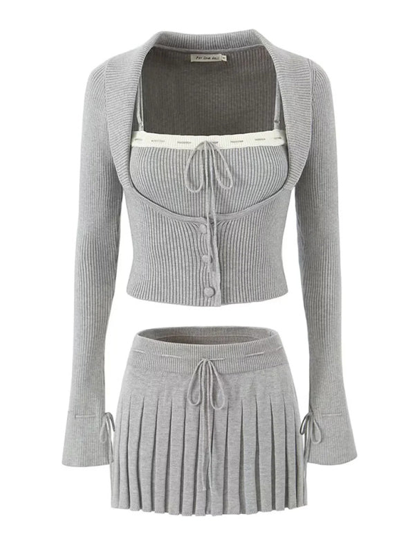 Levoire | Pour Femmes Nouvelle Veste Longue à Manches Inversée + Sangles Coordonnées par Couleur + Jupe Plissée Harmaa