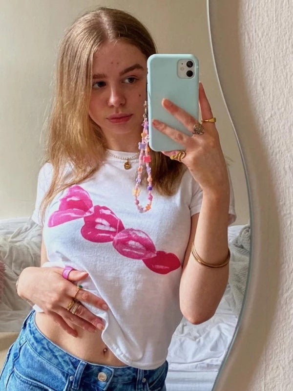 Levoire | Femmes Noir Col Rond Imprimé T-shirt à Manches Courtes Crop Top Blanc
