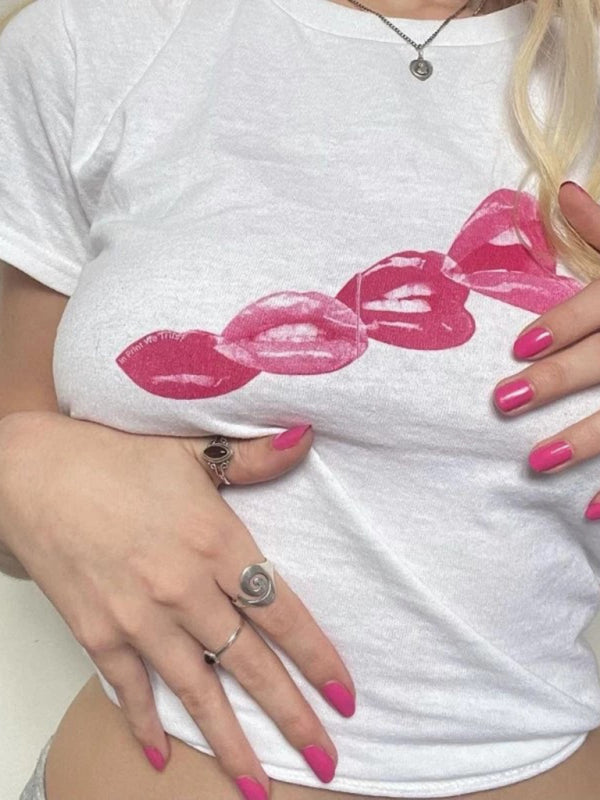 Levoire | Femmes Noir Col Rond Imprimé T-shirt à Manches Courtes Crop Top