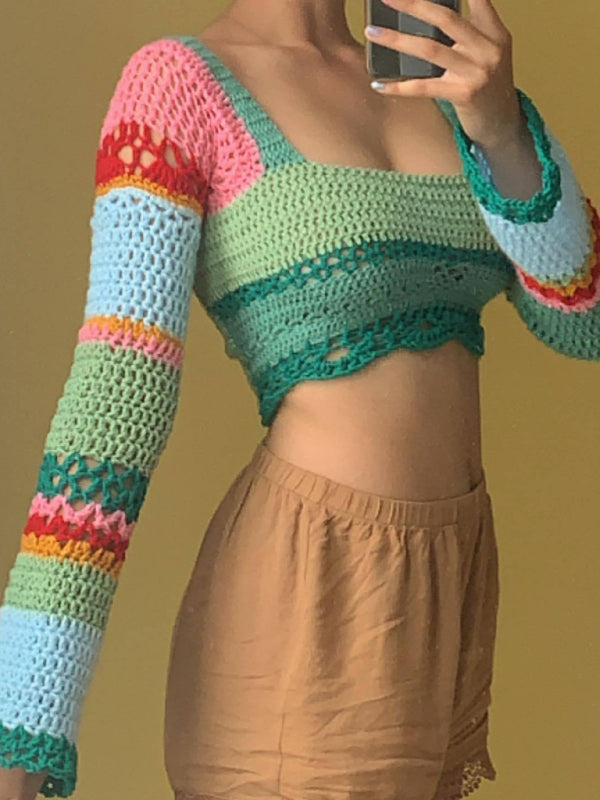 Levoire | Femme nouveau col carré coloré rayé couleur-bloc fait main crocheté manches longues blouse Sininen