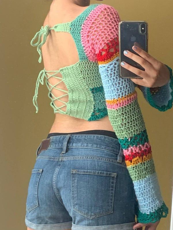 Levoire | Femme nouveau col carré coloré rayé couleur-bloc fait main crocheté manches longues blouse