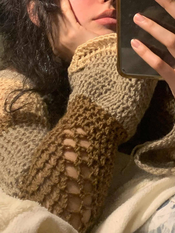 Levoire | Femme nouveau col carré coloré rayé couleur-bloc fait main crocheté manches longues blouse