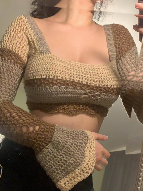 Levoire | Femme nouveau col carré coloré rayé couleur-bloc fait main crocheté manches longues blouse Khaki
