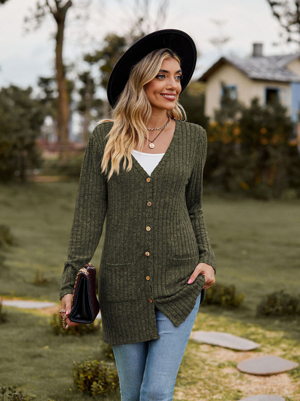 Levoire | Cardigan long à manches longues unie à motif de pois brossé pour femmes Vert olive