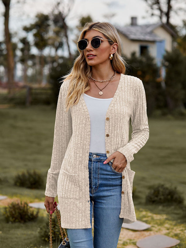 Levoire | Cardigan long à manches longues unie à motif de pois brossé pour femmes Cracker kaki