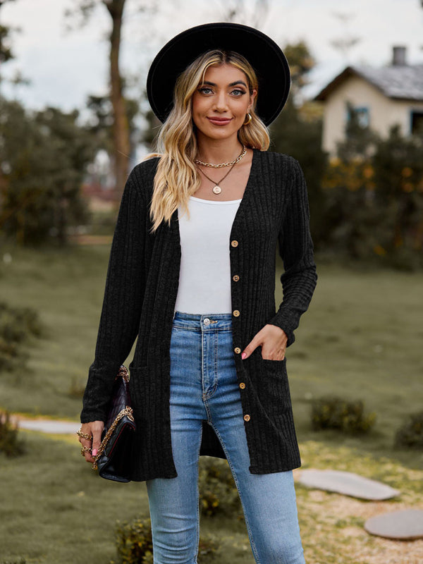 Levoire | Cardigan long à manches longues unie à motif de pois brossé pour femmes Musta
