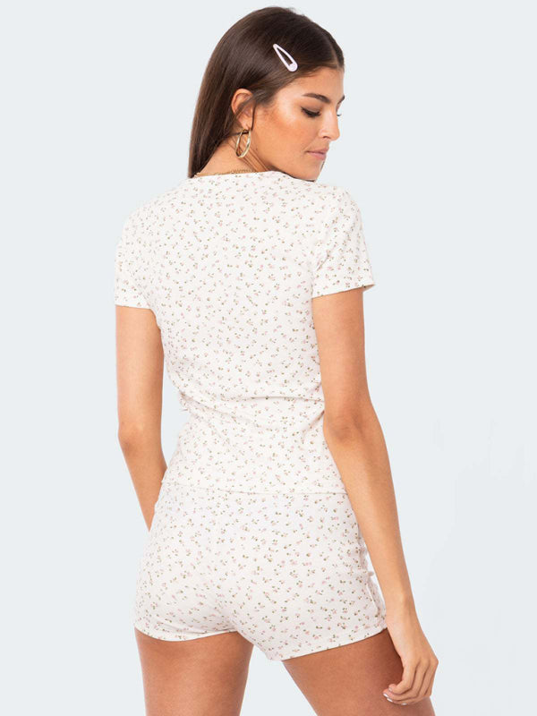 Levoire | Pour femmes blouse à col rond à manches courtes avec taille haute imprimée, ensemble de shorts décontracté à utiliser en Europe et en Amérique
