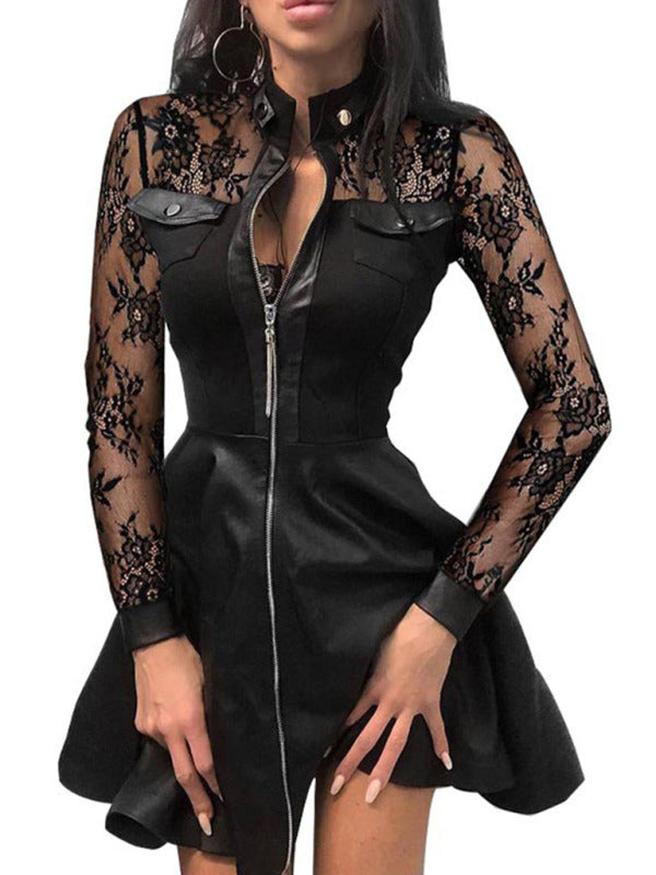Levoire | Robe à manches longues en PU avec décolleté en V et zip pour femmes Muster3