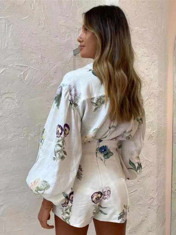 Levoire | Nouveau style frais fleuri tempérament pendulaire chemise à manches longues top shorts taille haute combinaison