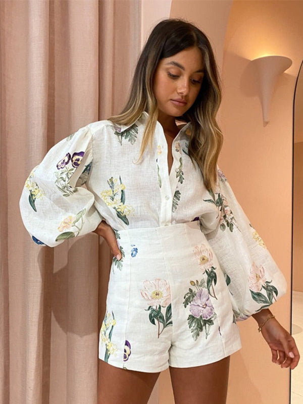 Levoire | Nouveau style frais fleuri tempérament pendulaire chemise à manches longues top shorts taille haute combinaison