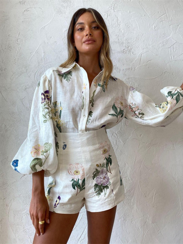 Levoire | Nouveau style frais fleuri tempérament pendulaire chemise à manches longues top shorts taille haute combinaison Blanc