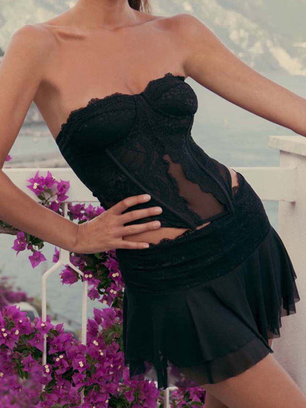 Levoire | Femme Sexy Collage Transparent Soutien-Gorge Pantalon Robe Musta