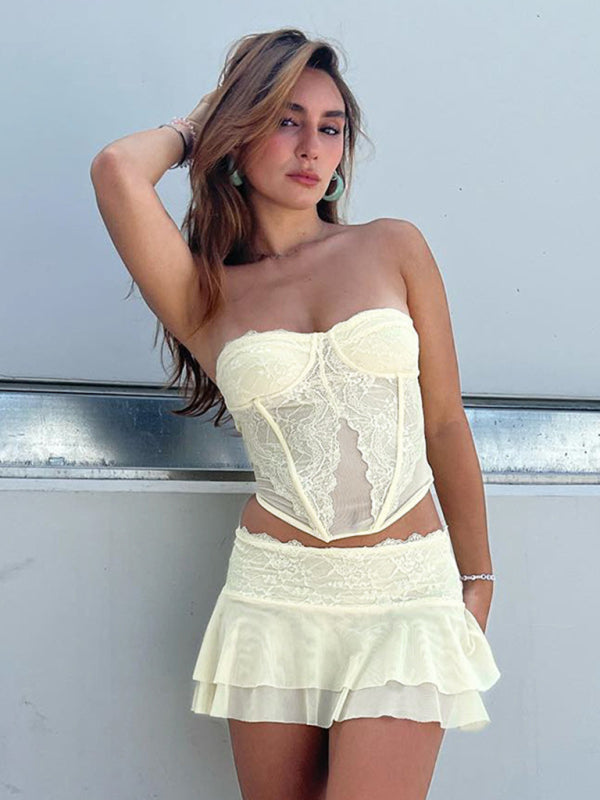 Levoire | Femme Sexy Collage Transparent Soutien-Gorge Pantalon Robe Jaune clair