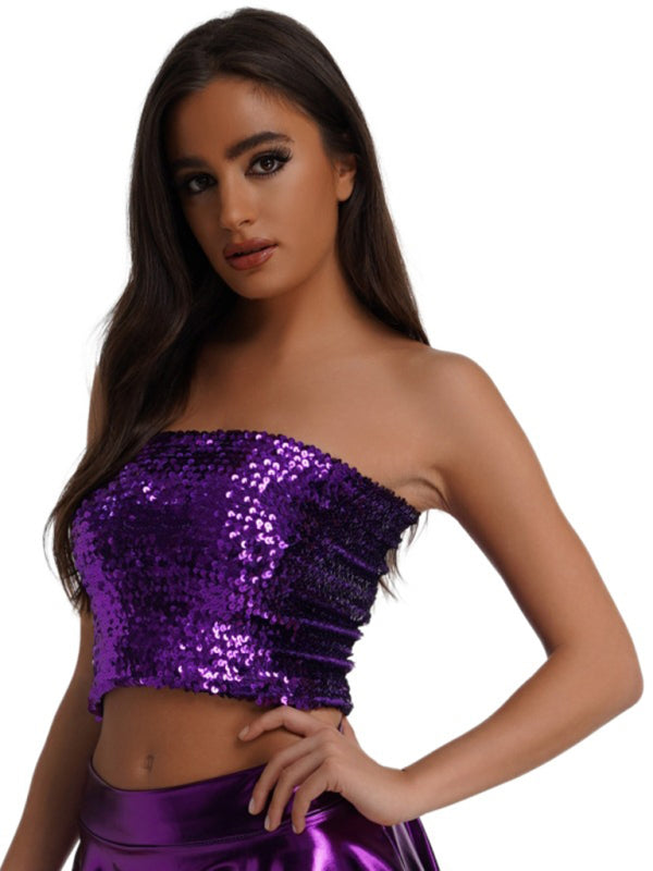 Levoire | Dame Paillettes Vêtements de Sport Intérieur haute élastique Top Bandeau Violet TAILLE UNIQUE