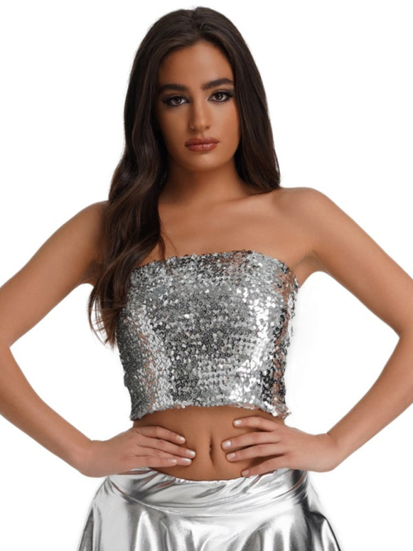 Levoire | Dame Paillettes Vêtements de Sport Intérieur haute élastique Top Bandeau Argent Gris TAILLE UNIQUE